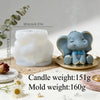 A white silicone mold shaped like an elephant sits next to a candle and shows the weight of the mold is 160g.