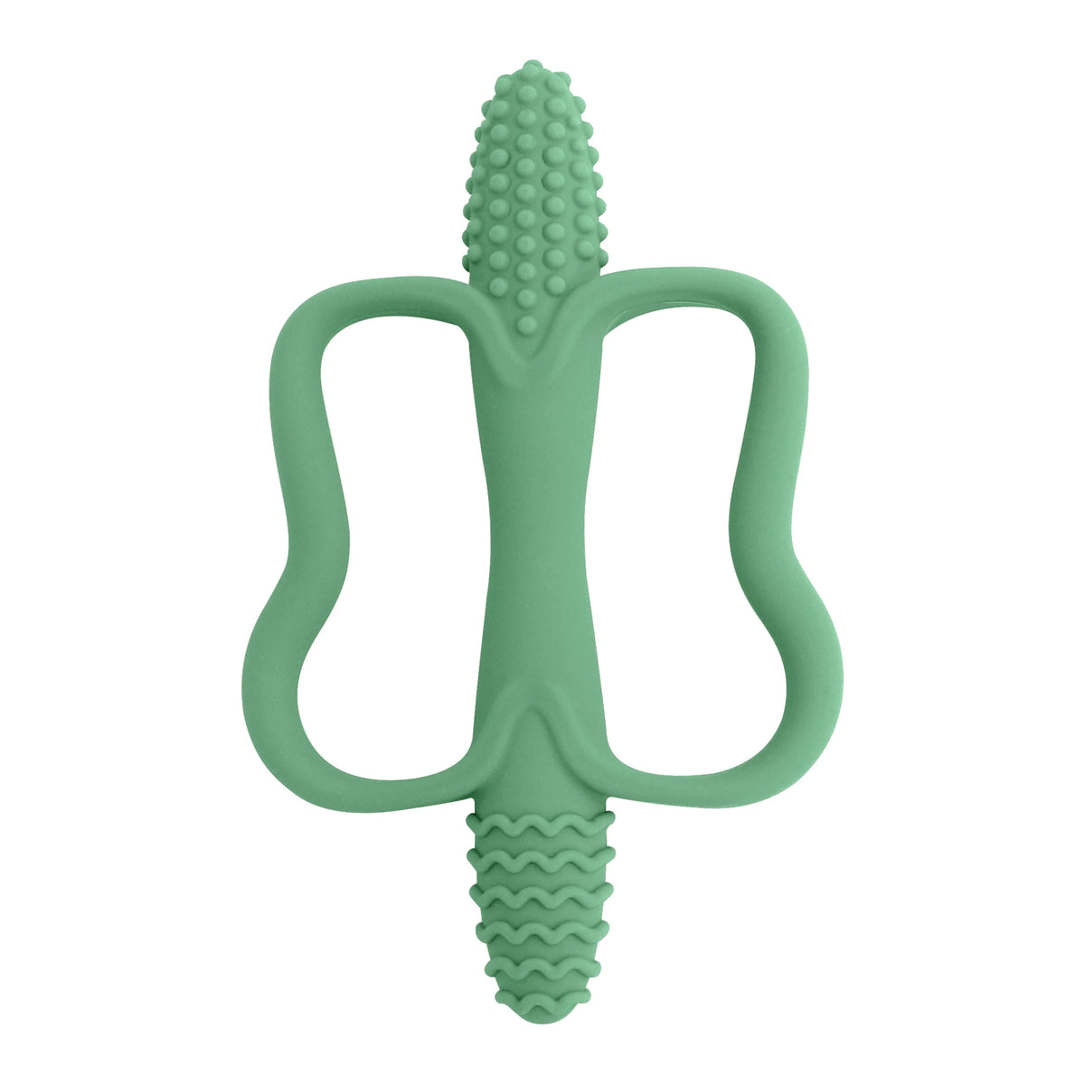 A light green silicone teether with a textured, ridged top and an easy-grip handle.