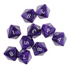 A set of ten purple acrylic polyhedral dice, including d3, d4, d6, d8, and d10 shapes.