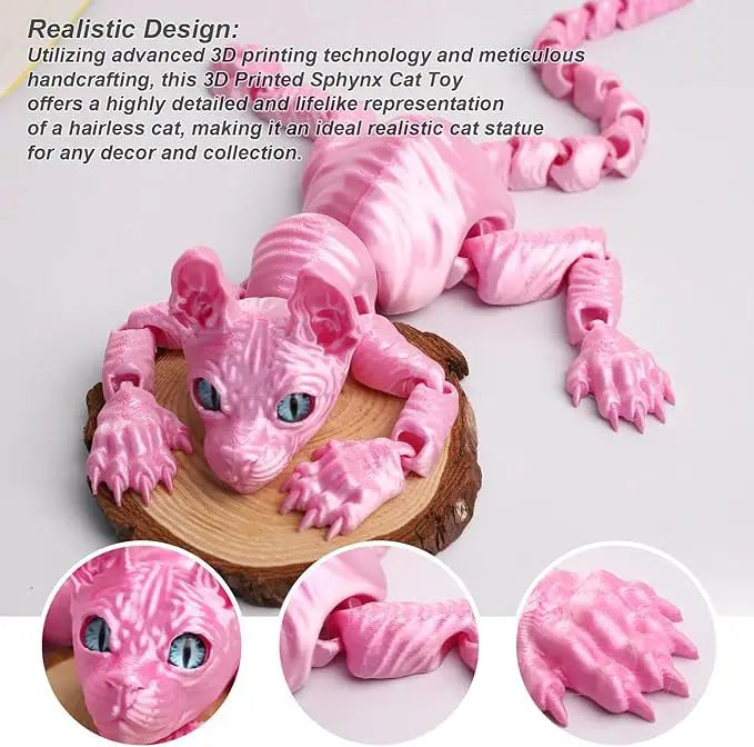 A realistic pink 3D printed Sphynx cat toy figurine showing the head, body, and paws.