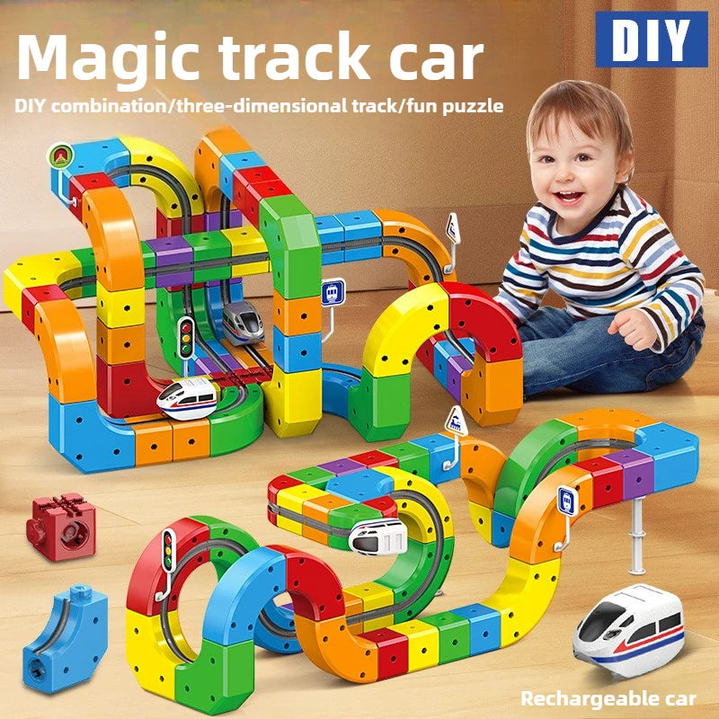 Magnetic Building Block Train Set with Electric Track