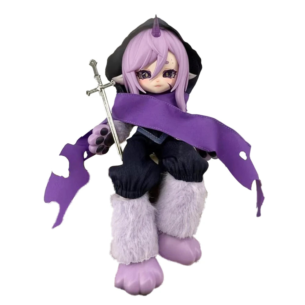 A 1/12 scale Lunar-themed posable doll blind box featuring purple hair, dark clothing, and a sword accessory.