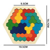 A wooden tangram puzzle board featuring a colorful hexagonal arrangement of pieces.