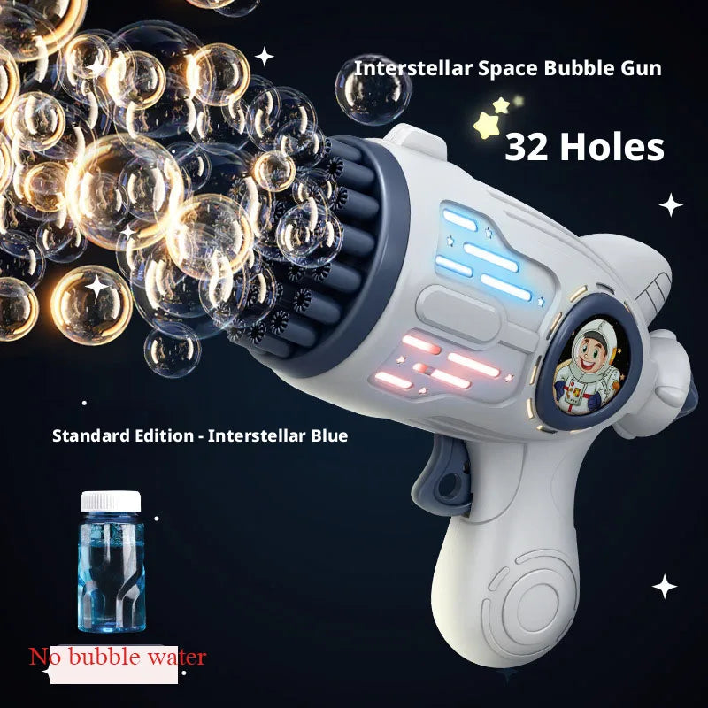 Pistolet à bulles spatial blanc Interstellar avec 32 trous tirant des bulles contre un fond sombre.