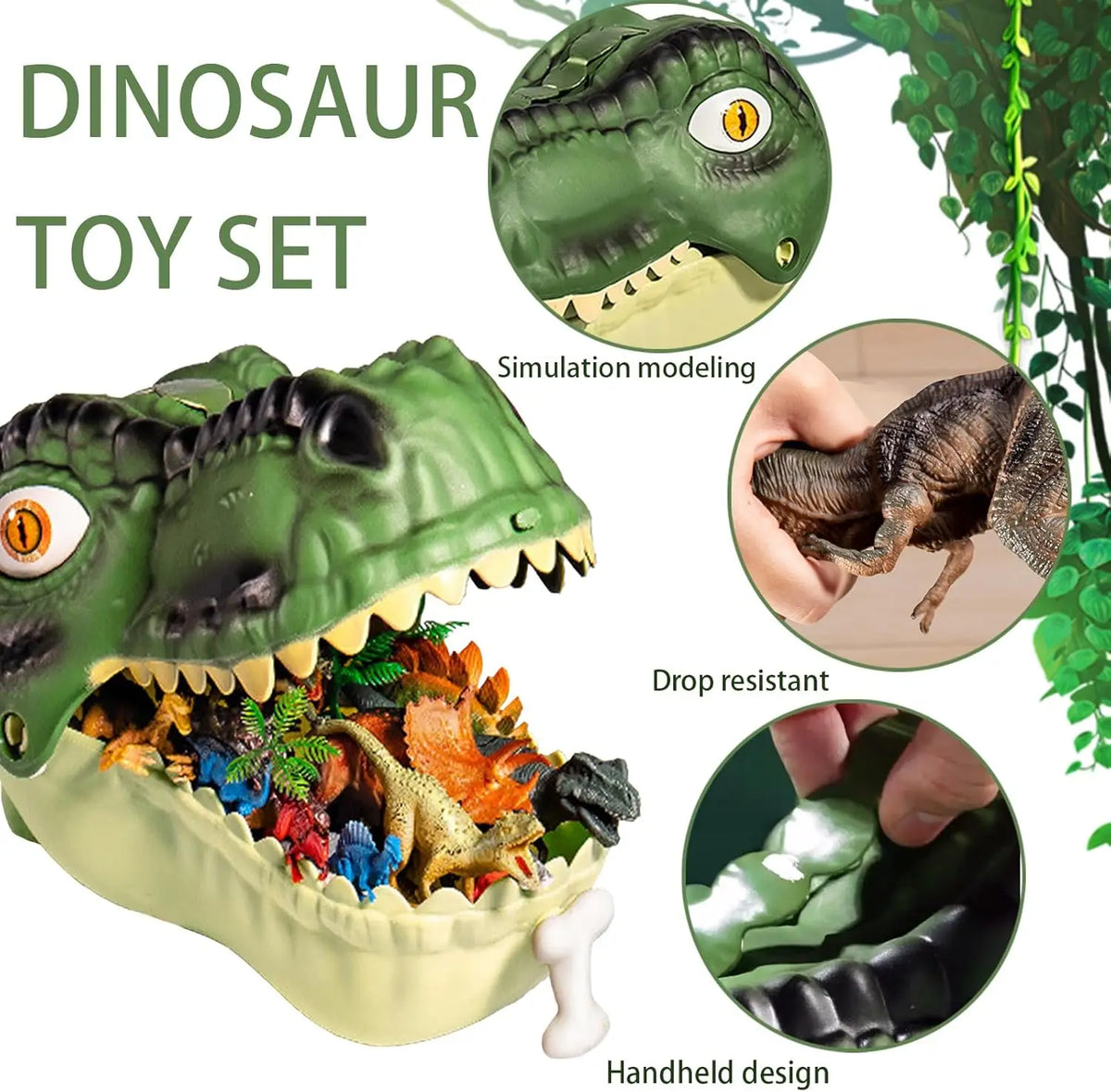 Un set de jouets de dinosaures avec une tête de dinosaure verte à la bouche ouverte révélant de petites figurines et accessoi