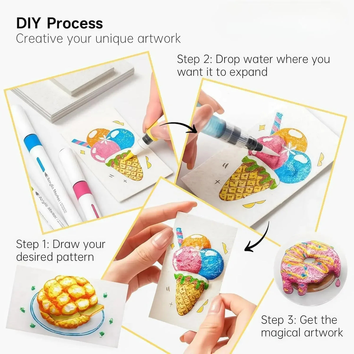 DIY process showing steps to create artwork by dropping water onto foam art paper with markers