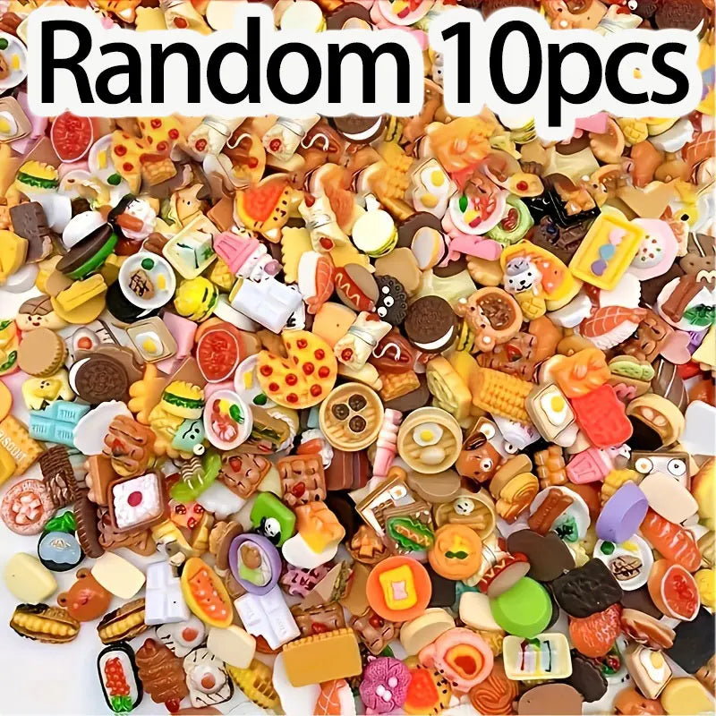 A pile of random 10 pieces of miniature dollhouse food set including cake, wine, and various snacks.