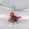 Sterling silver charm bead pendant of a red and black motorcycle.