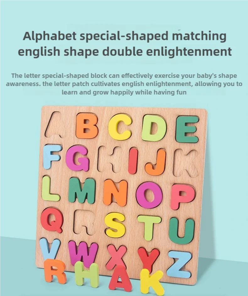 Puzzle alphabet en bois avec des formes de lettres coupées dans des blocs de bois colorés pour l'apprentissage précoce