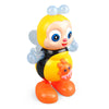 Juguete musical de abeja bailarina amarillo y negro con acentos azules y un personaje naranja.