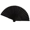 Elegant black folding hand fan with a bamboo frame shown in a fan shape.