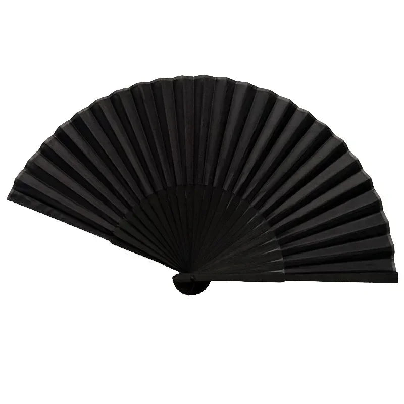 Elegant black folding hand fan with a bamboo frame shown in a fan shape.