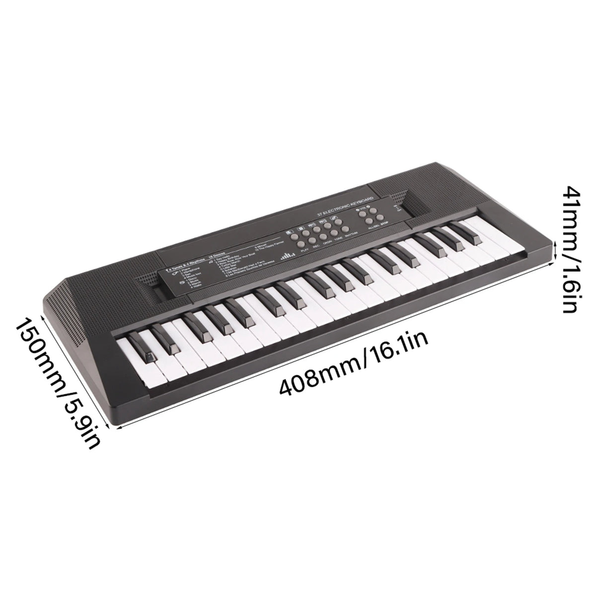 A black 37-key portable electric keyboard piano with a microphone for kids shown from above.