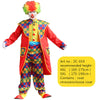 A classic clown costume set for adults featuring a red jacket, yellow shirt, and colorful plaid trousers.