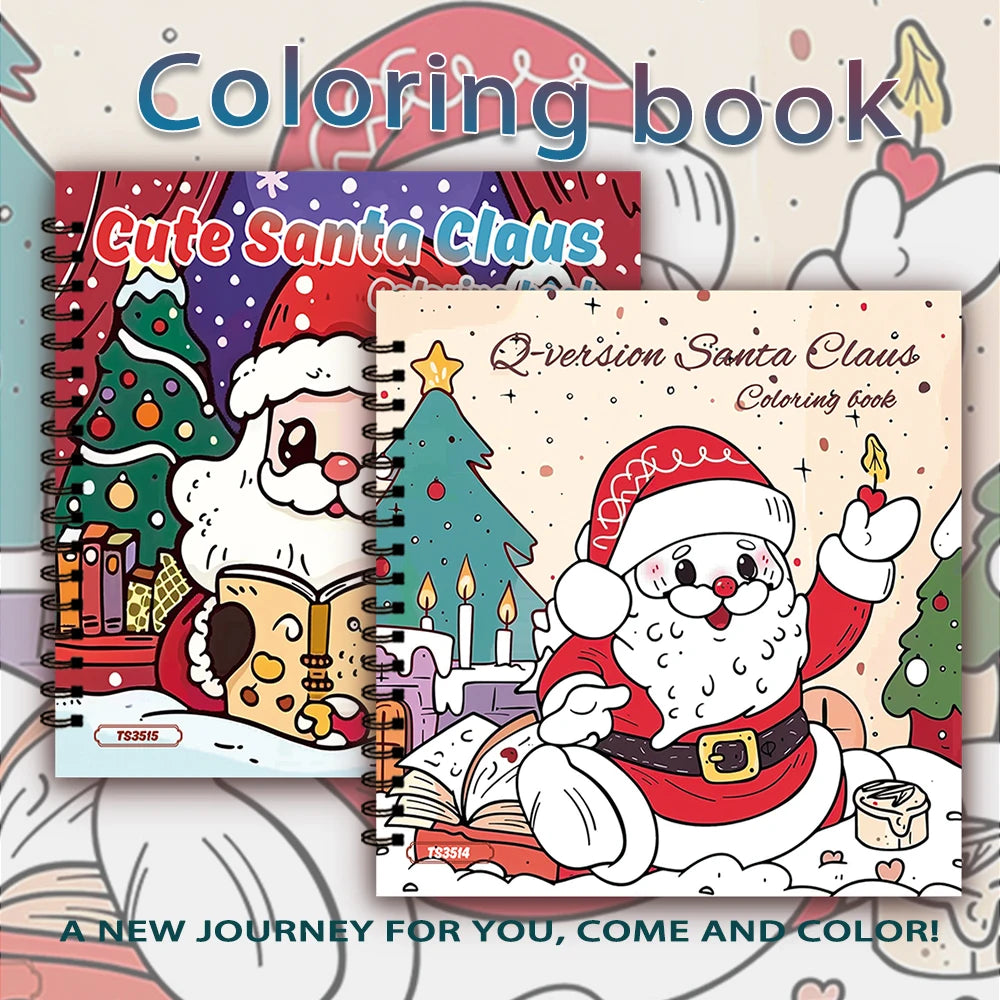 A coloring book featuring a cute Santa Claus character in a red suit and white beard surrounded by Christmas elements.
