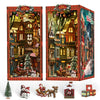 A DIY wooden book nook kit featuring a Christmas street corner miniature model with detailed buildings and festive decoration