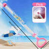 A pink pull-back water gun is shown against a blue sky and beach background, with an inset showing the product details.