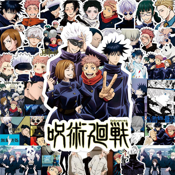 A collection of Jujutsu Kaisen anime character decals and stickers featuring various characters in dark clothing and dynamic 