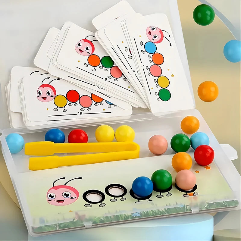 A set of colorful wooden caterpillar clip beads and yellow tools for a Montessori fine motor skills game.