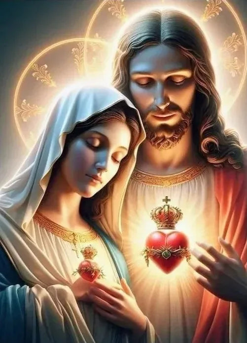 A painting depicting Jesus and the Virgin Mary with a glowing halo and a heart symbol.