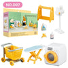 A set of miniature dollhouse furniture including a bathroom, kitchen, and laundry playset with yellow and white pieces.