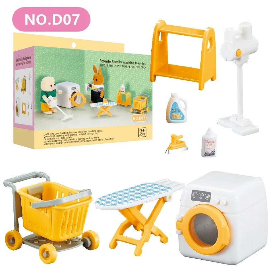A set of miniature dollhouse furniture including a bathroom, kitchen, and laundry playset with yellow and white pieces.