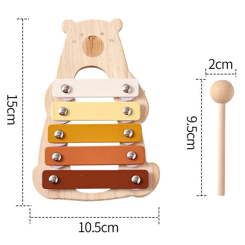 Wooden bear musical instrument set with four colored wooden bars and a wooden mallet for toddlers