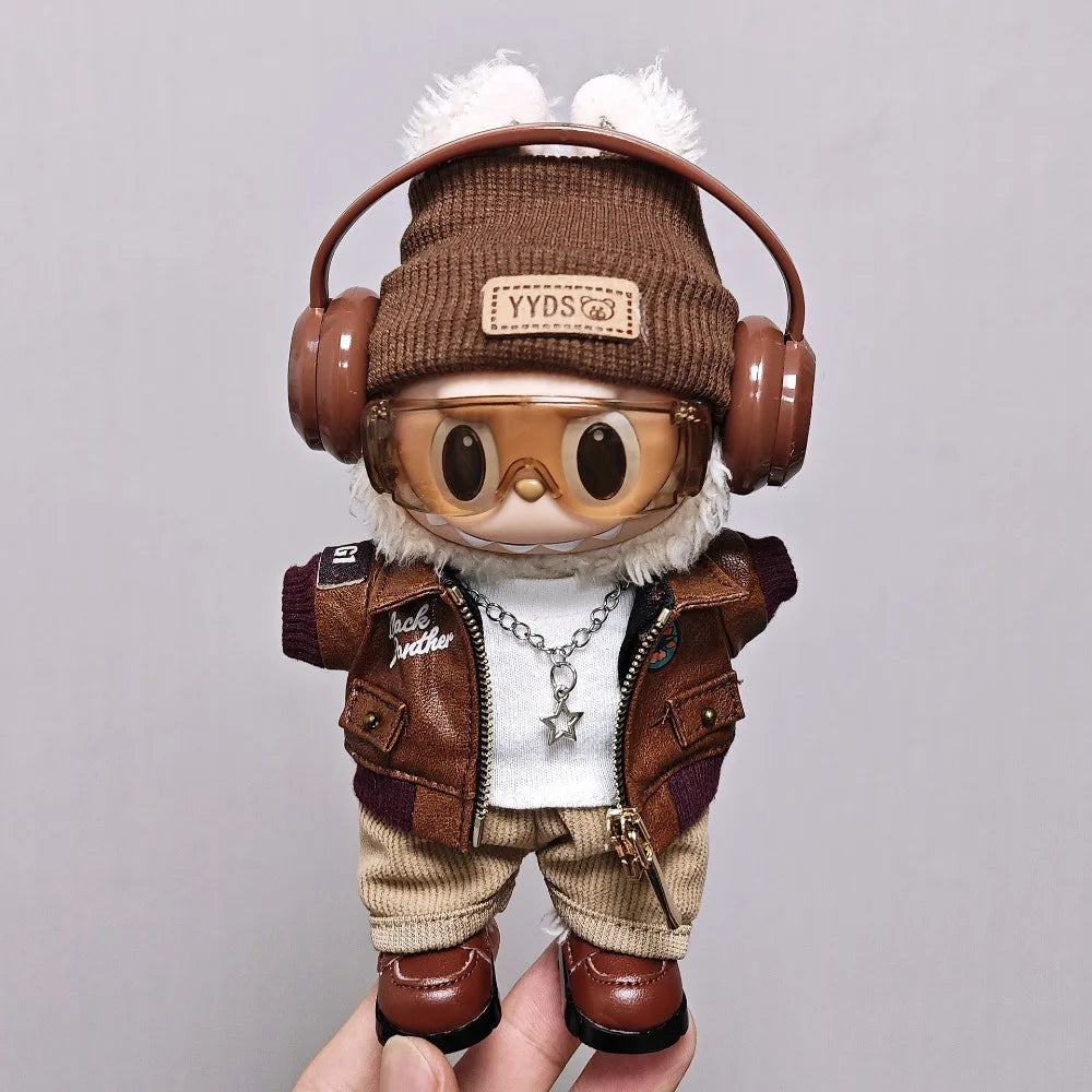 Retro Leather Jacket for 15/17cm Labubu Dolls