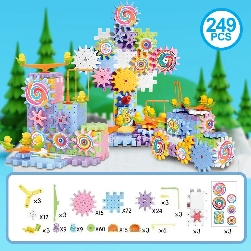 A colorful set of 249 motorized gear building blocks and rail car components for construction
