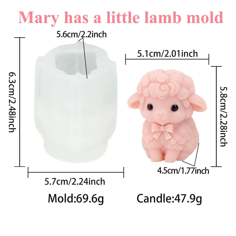 A silicone mold of a lamb is shown next to the finished candle, with dimensions provided.