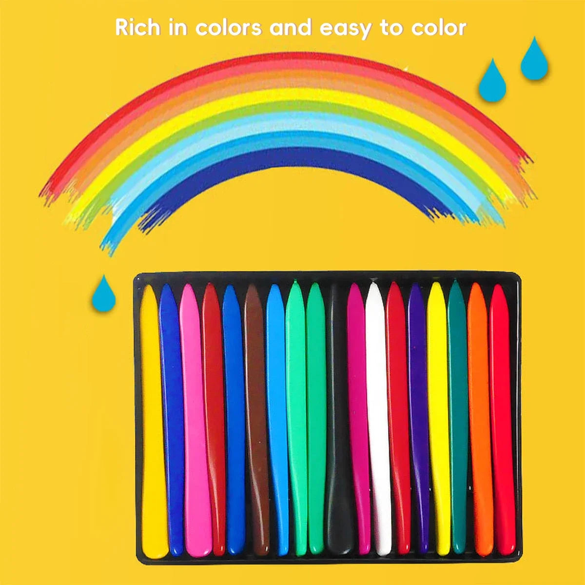 A set of colorful, triangular-grip crayons displayed in a black case against a yellow background with a rainbow arch.