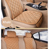 Tan leather car seat protector with quilted fabric and anti-slip backing shown in a vehicle interior.