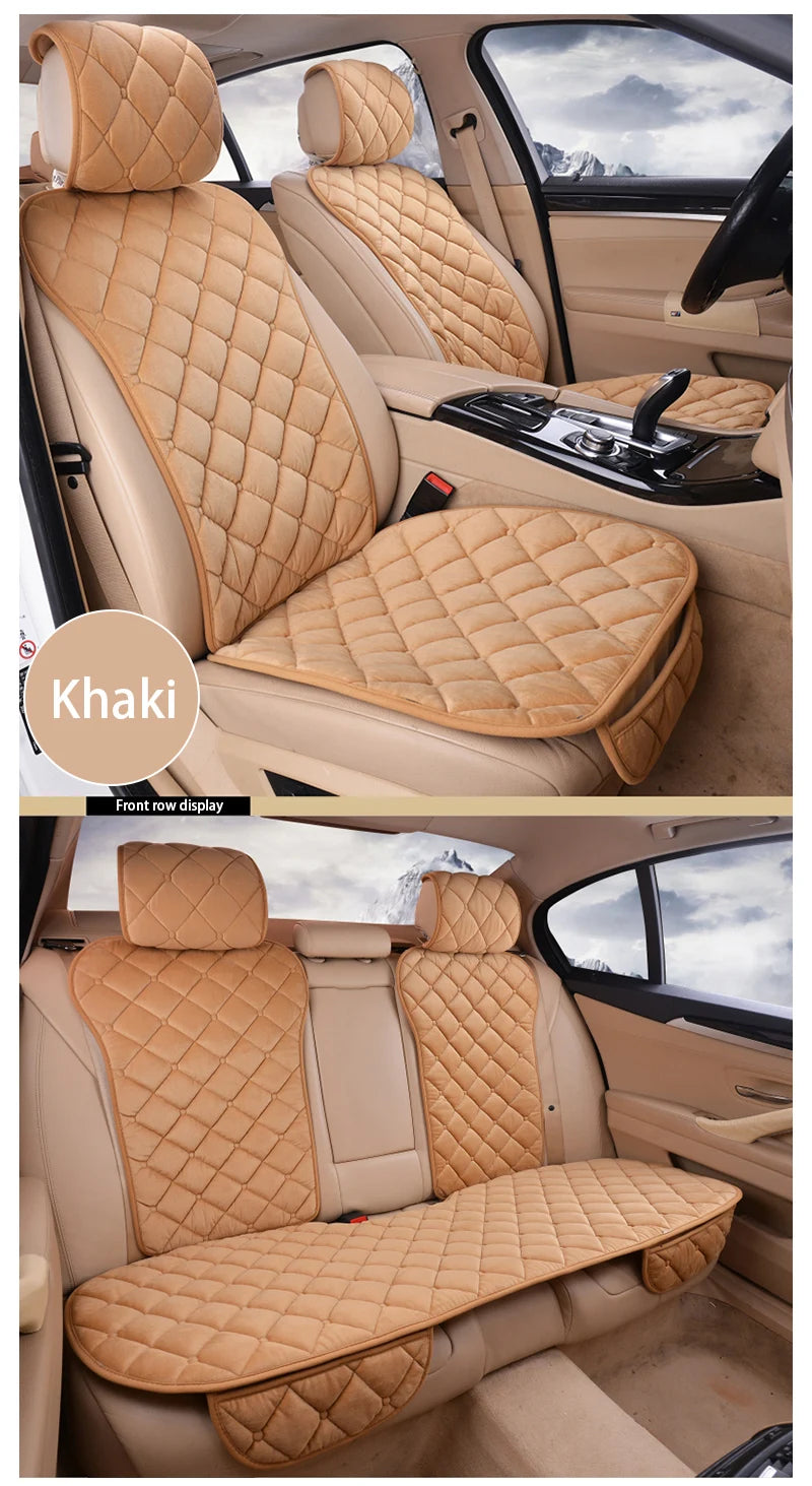 Tan leather car seat protector with quilted fabric and anti-slip backing shown in a vehicle interior.