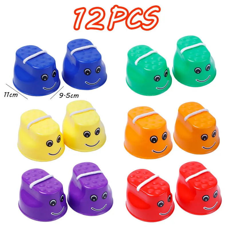 A collection of 12 colorful balance stepping stones for kids used in sensory and motor skills development.