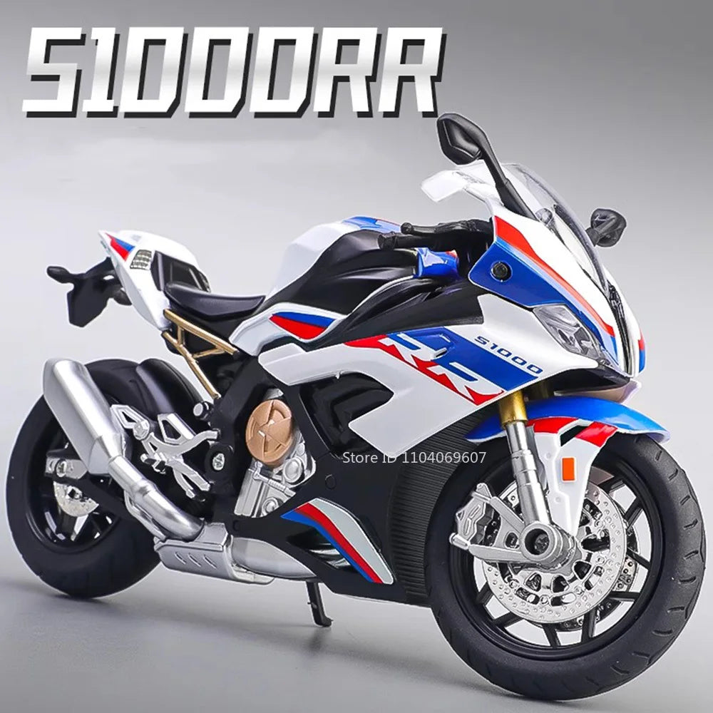 A white and blue 1:12 scale diecast sport motorcycle model with sound and light effects.