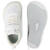 A pair of white minimalist barefoot sneakers shown from the side and bottom view.