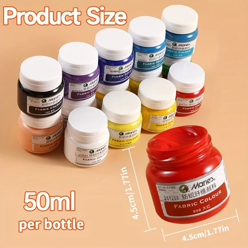 A collection of 10 bottles of fabric paint in various colors and sizes, showing the product size and volume.