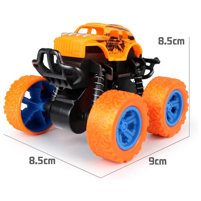 Orange and black four-wheel drive stunt car with pull-back action featuring large rubber wheels.