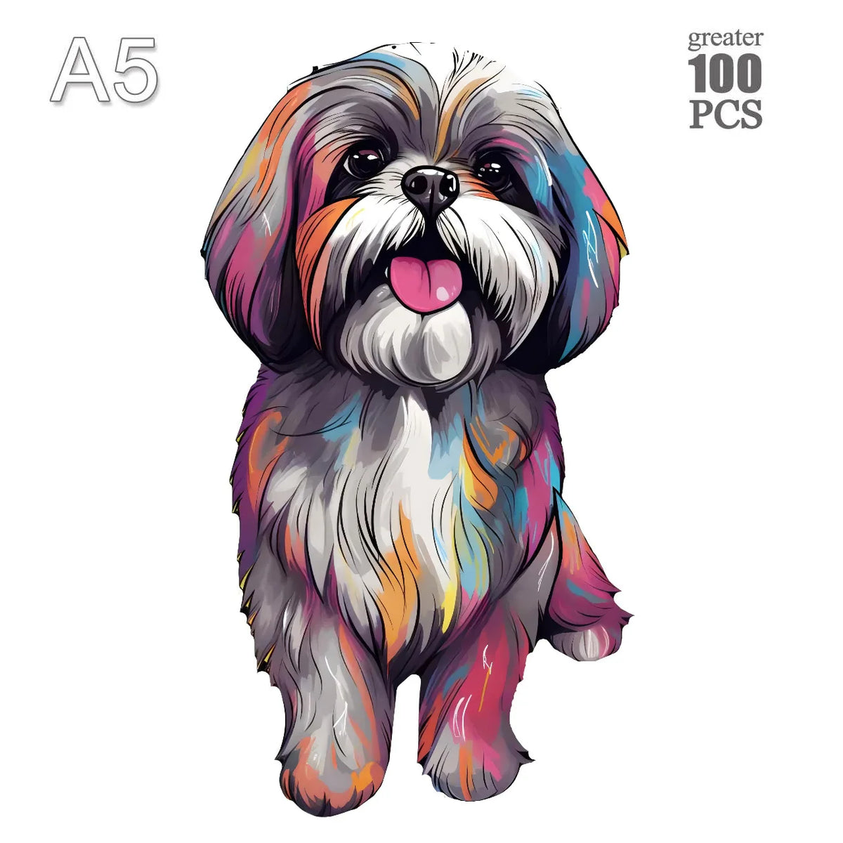 A watercolor illustration of a puppy dog with multicolored fur, designed for an A5 jigsaw puzzle.