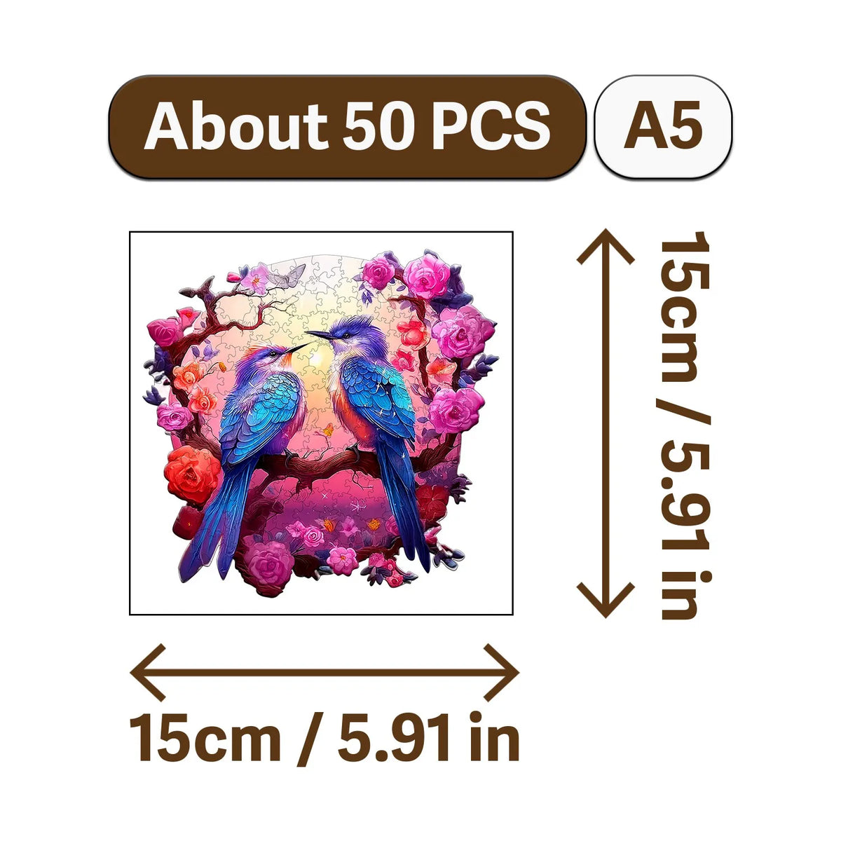 A square jigsaw puzzle featuring a vibrant bird with pink and purple plumage set against a floral background.