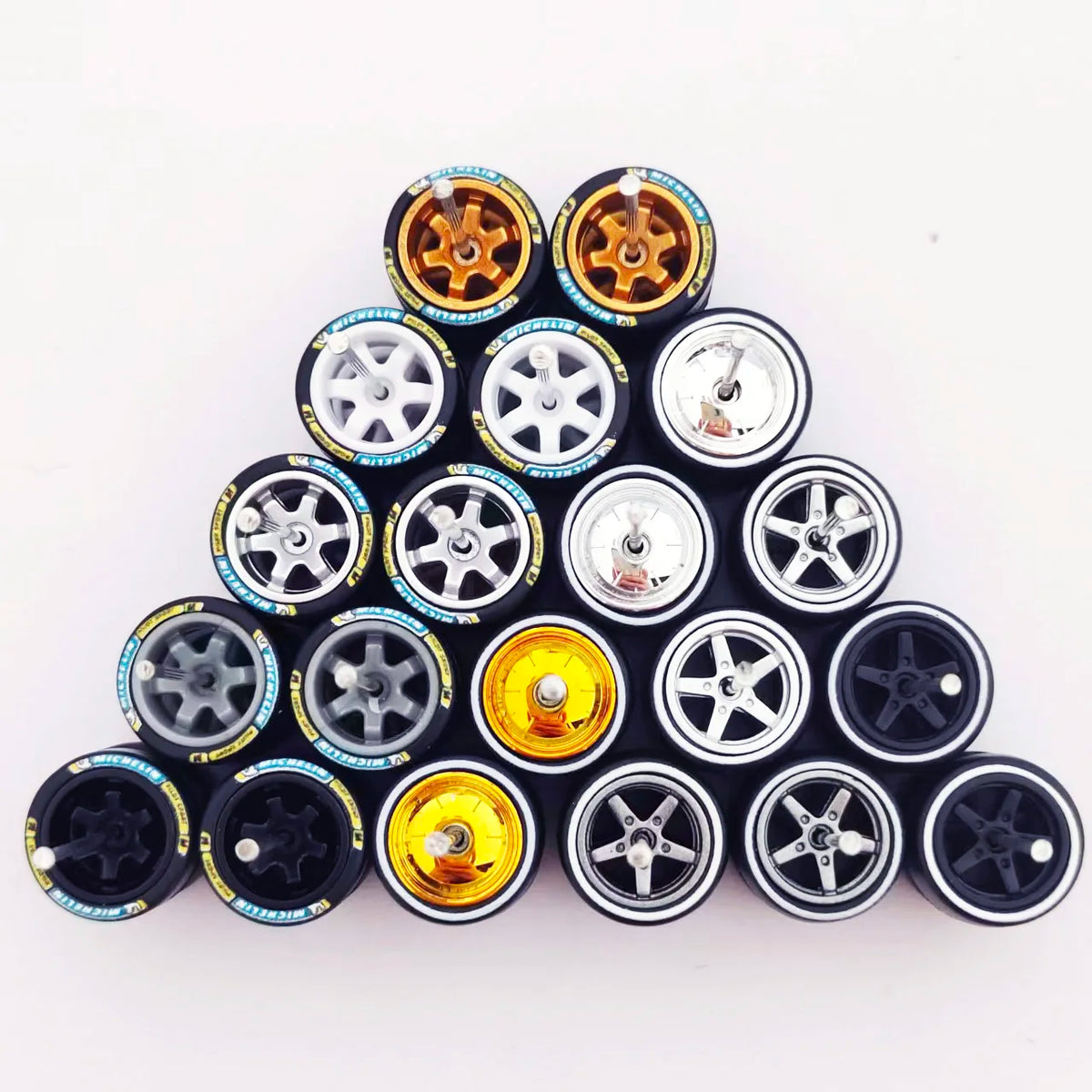 1/64 Scale Alloy Car Wheels with Rubber Tires - 10 Sets