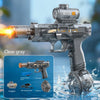 A clear gray electric water blaster gun firing a stream of light and flame effects in water.