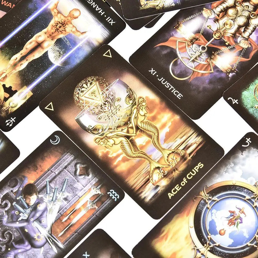 A collection of tarot cards featuring various imagery including the Justice card and Ace of Cups.
