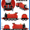 A red and black Thomas & Friends diecast train model with a smiling face, shown in various configurations.