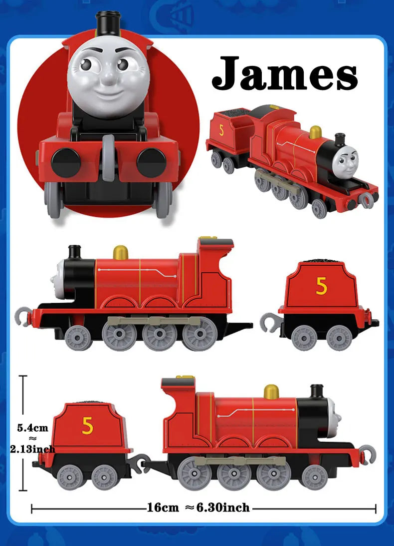 A red and black Thomas & Friends diecast train model with a smiling face, shown in various configurations.