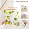 A wooden felt forest animal bed bell mobile featuring various cute animals like a giraffe, zebra, and elephant hanging from a