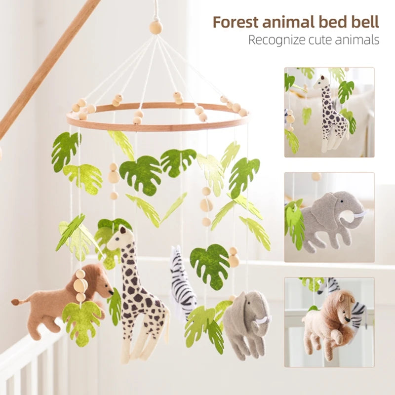 A wooden felt forest animal bed bell mobile featuring various cute animals like a giraffe, zebra, and elephant hanging from a