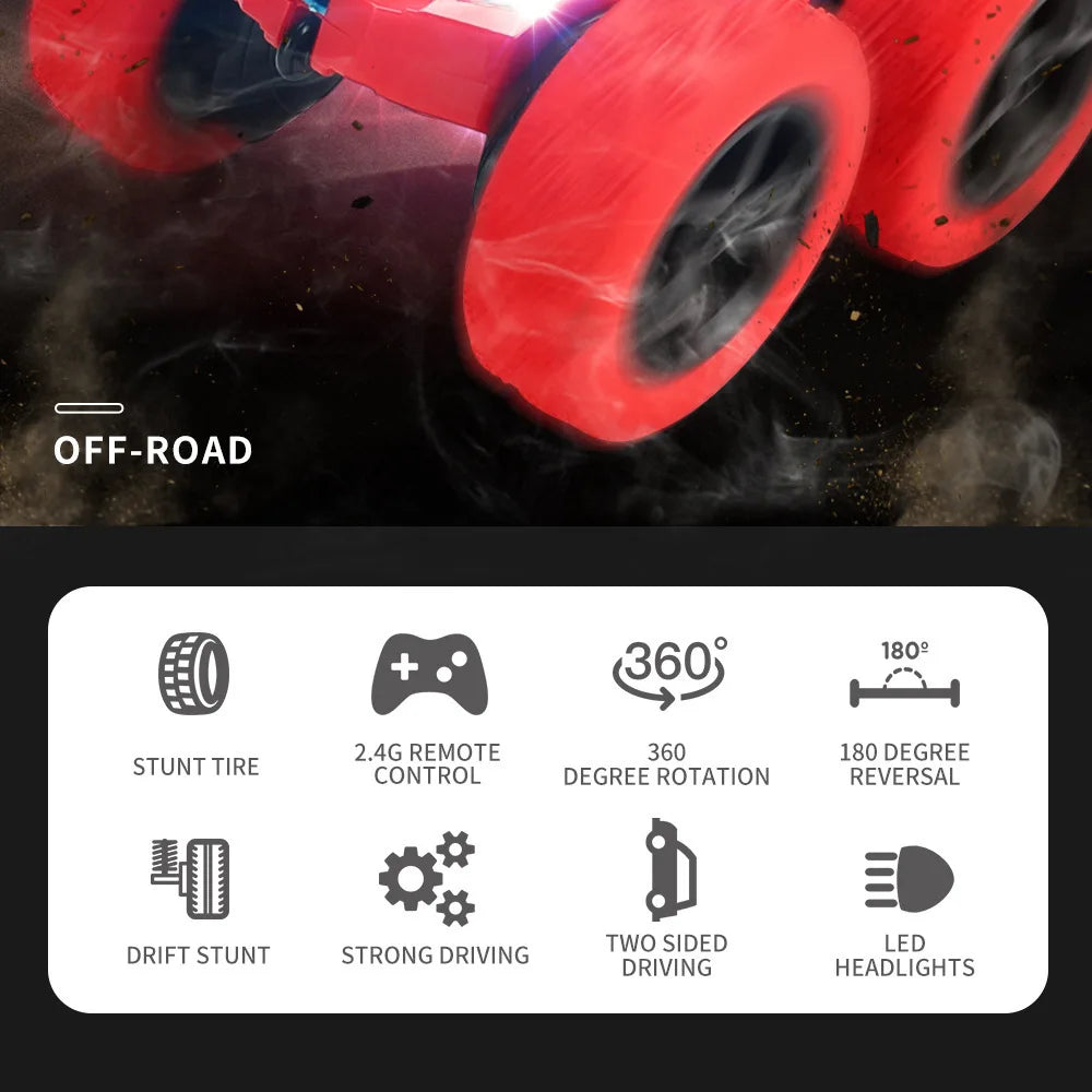 Red off-road stunt car with large tires and LED headlights shown in a close-up view.