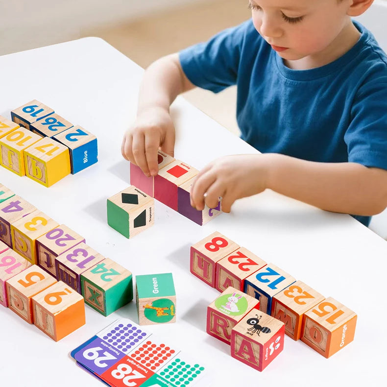 Wooden Word & Shape Blocks – 30-Piece Learning Stacking Toy for Toddlers