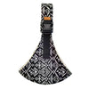Black and white patterned adjustable baby sling carrier with a brown buckle.